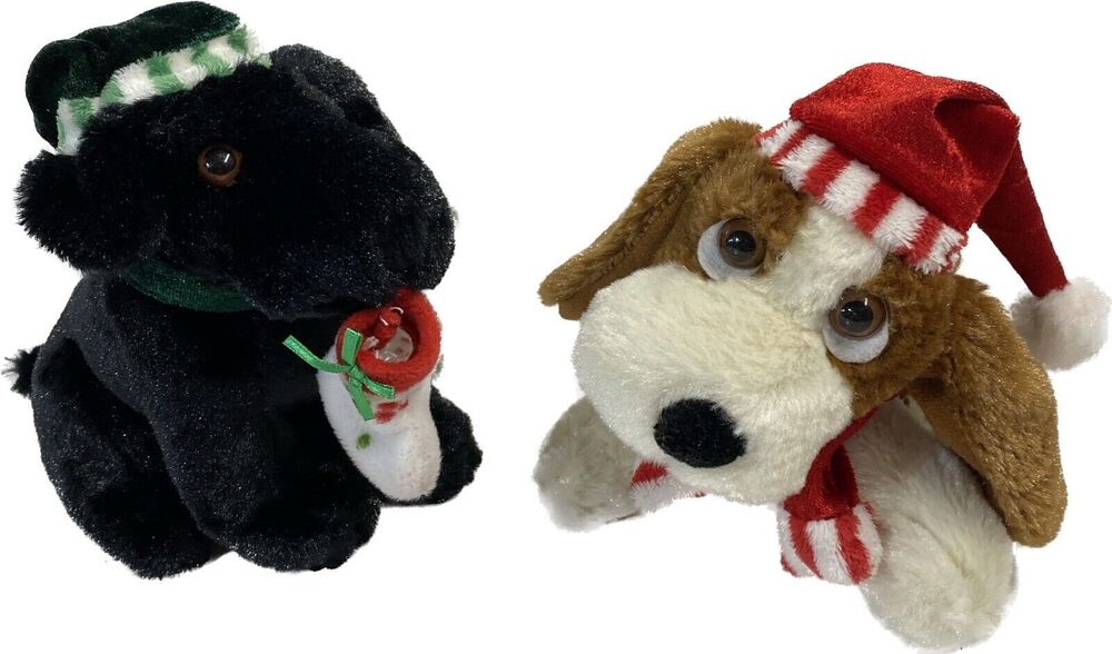 Vntg Walmart Christmas Plush Lot of 2 Dogs Puppies in Hats Black Brown White 6"